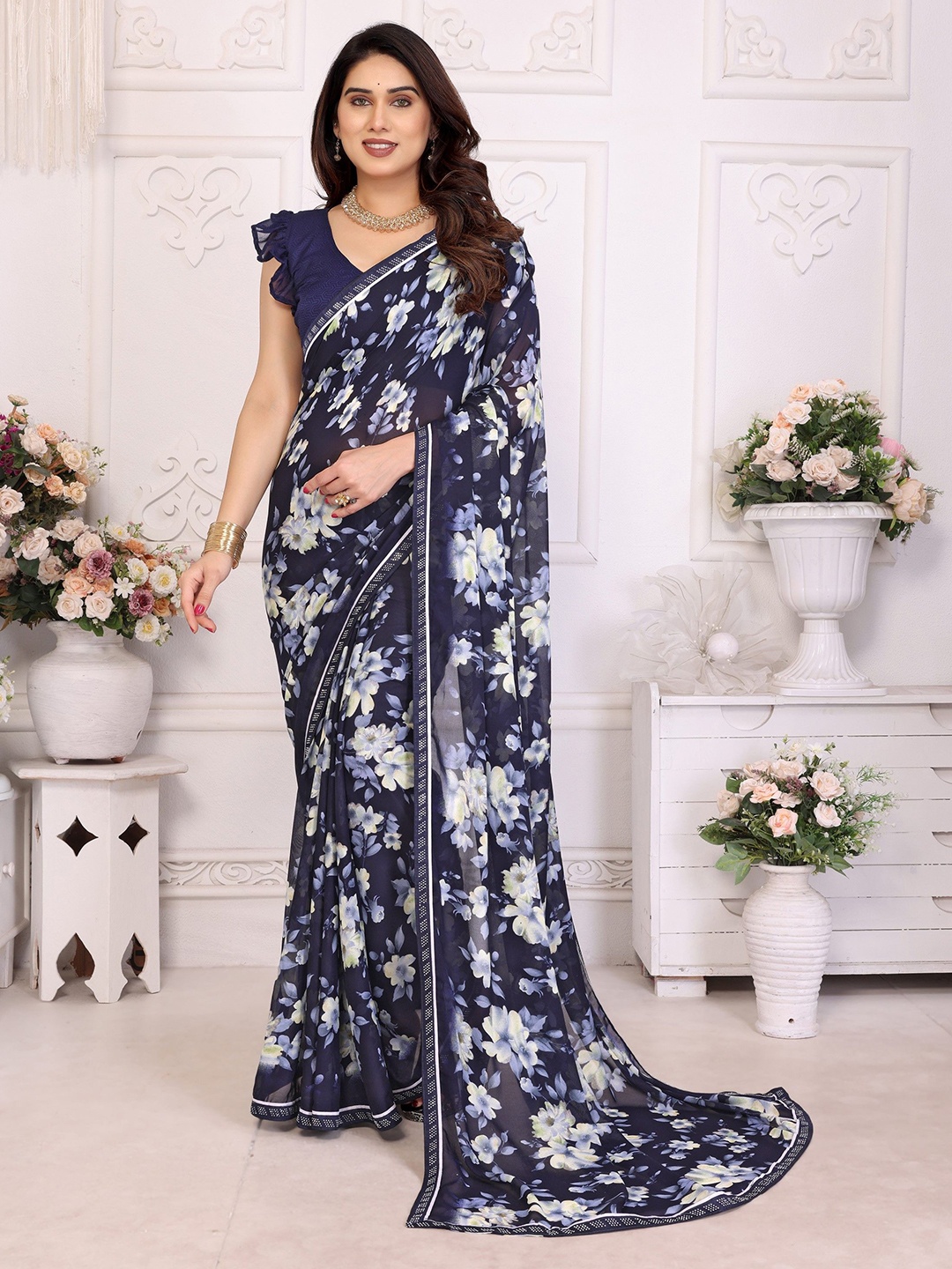 

Moda Rapido Floral Beads and Stones Poly Georgette Saree, Navy blue