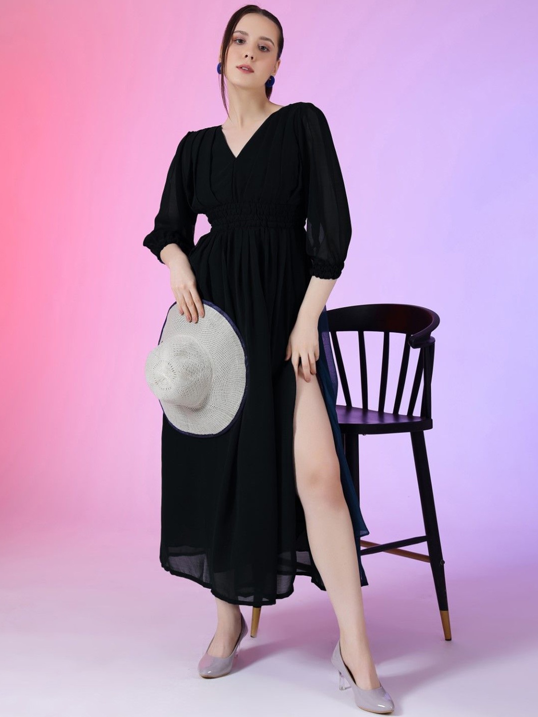 

Raiyani Fashion Georgette Fit & Flare Maxi Dress, Black