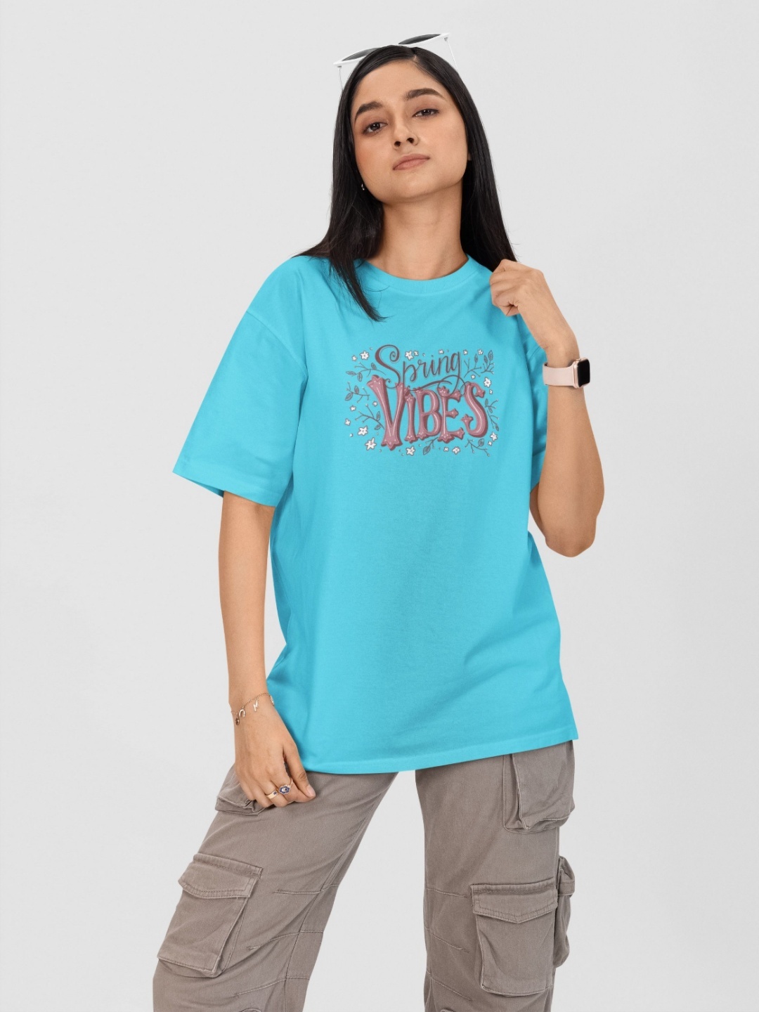 

Moda Rapido Women Printed Drop-Shoulder Sleeves Pockets T-shirt, Turquoise blue