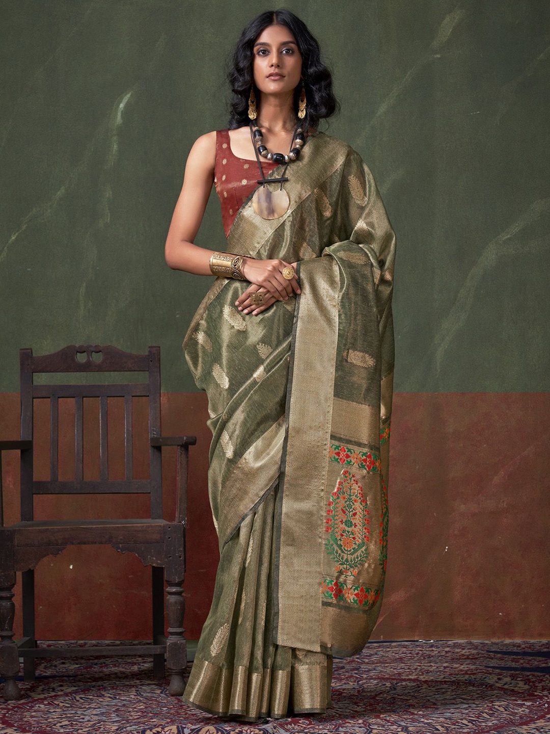 

elora Woven Design Zari Tissue Paithani Saree, Green