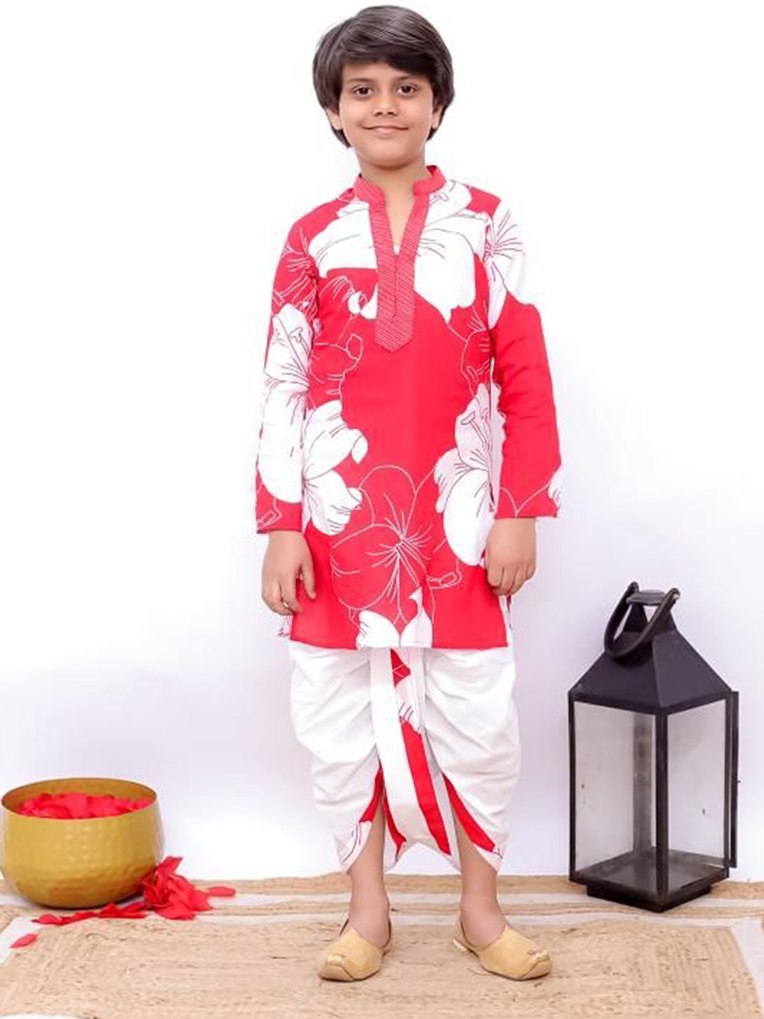 

Twisha Boys Floral Printed Regular Pure Cotton Kurta With Dhoti Pants, Pink