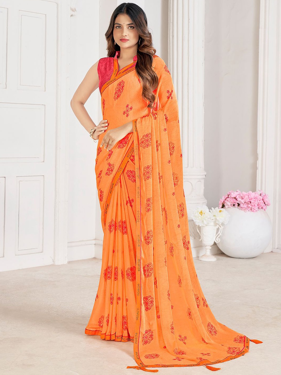 

LeeliPeeri Designer Floral Beads and Stones Poly Chiffon Saree, Orange