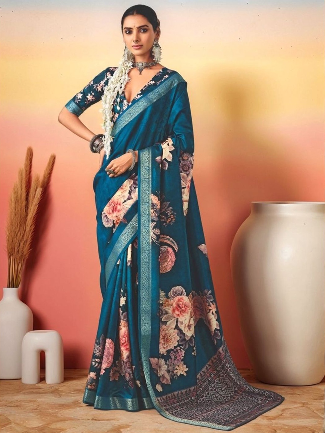 

Sangria Tussar Silk Floral Printed Saree With Blouse Piece, Blue