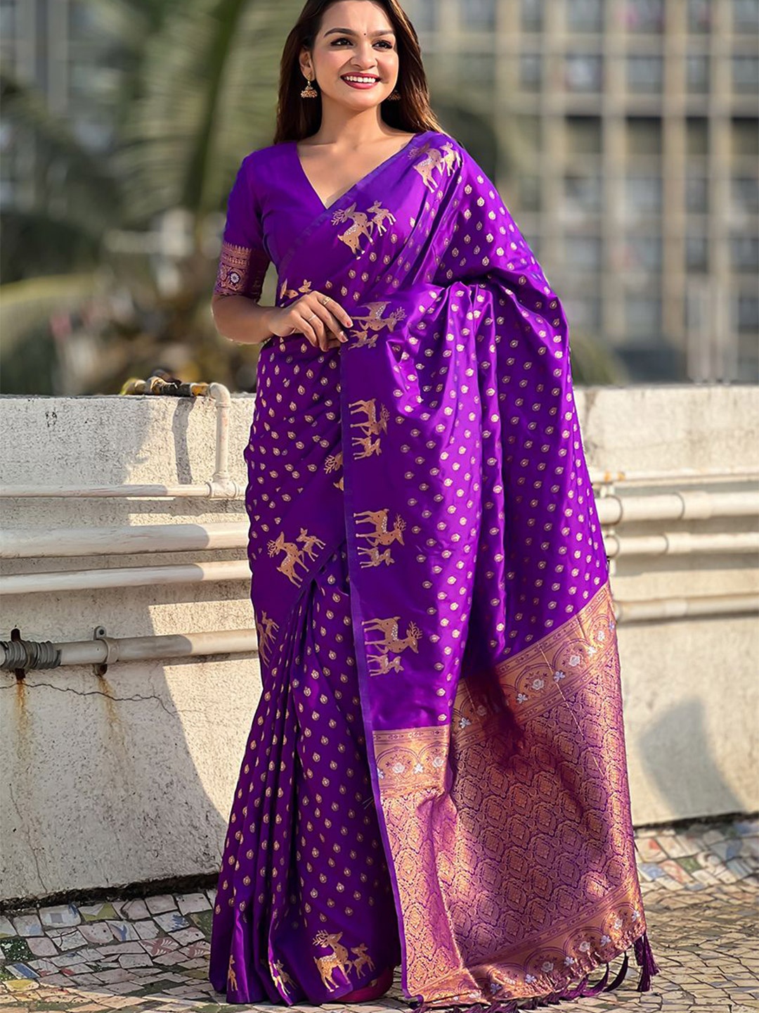 

all about you Woven Design Zari Silk Blend Banarasi Saree, Purple