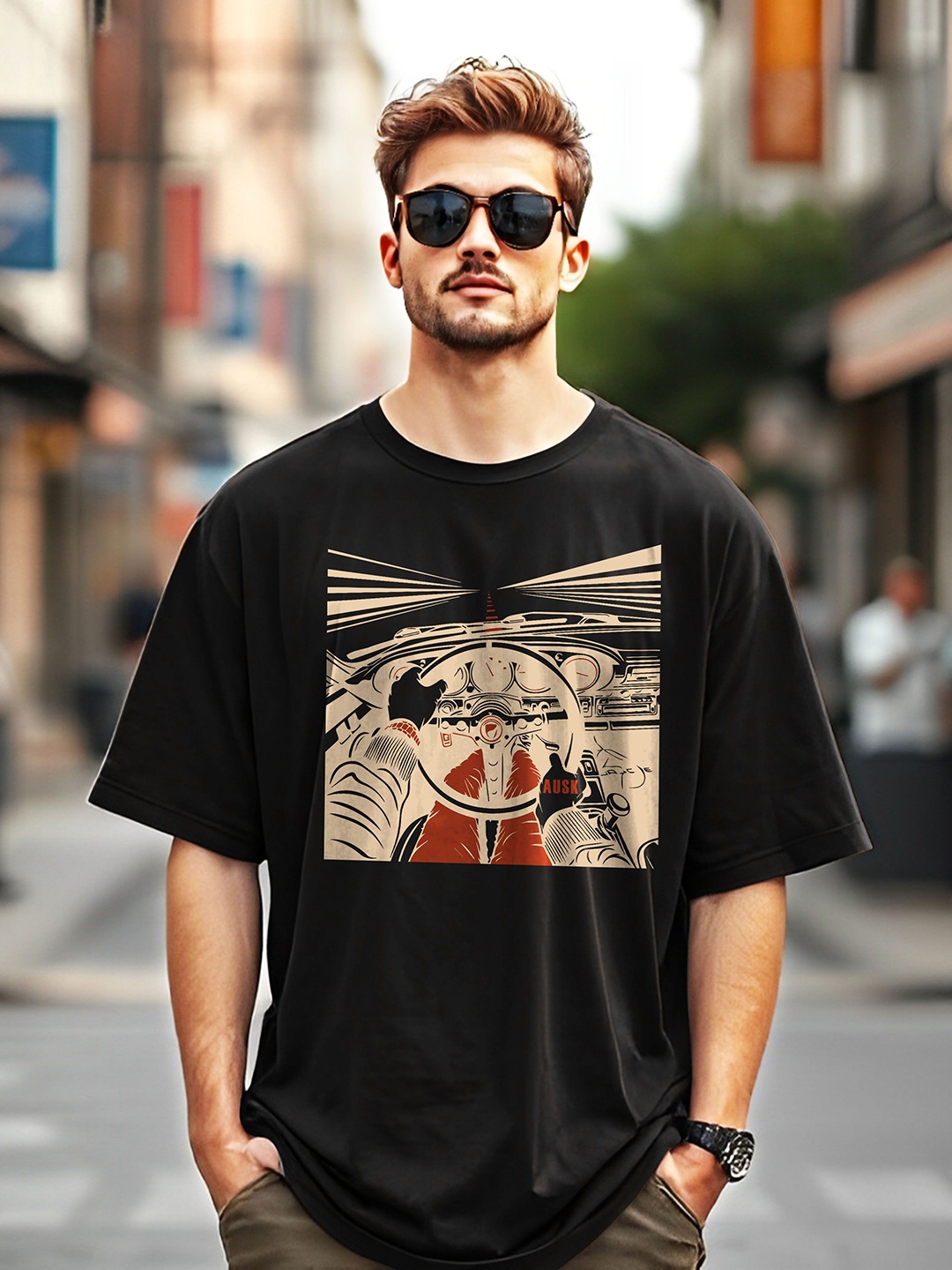 

AUSK Men Printed Raw Edge T-shirt, Black