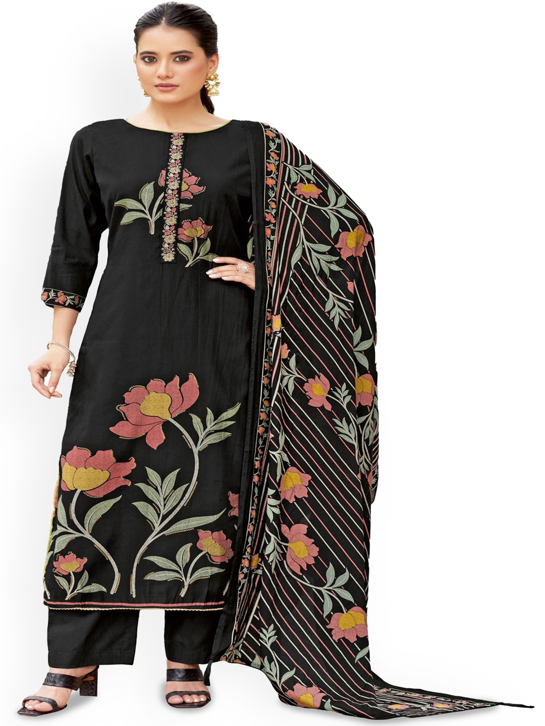 

DRAVINAM Trends Embroidered Unstitched Dress Material, Black