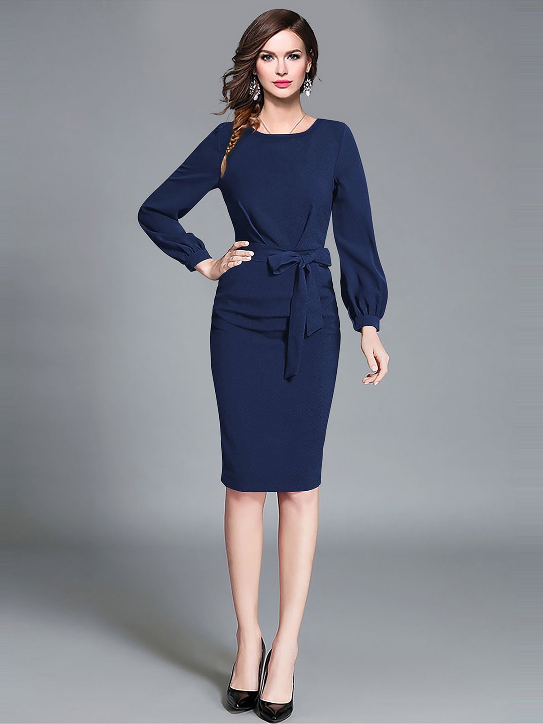 

CORSICA Puff Sleeve Sheath Dress, Navy blue