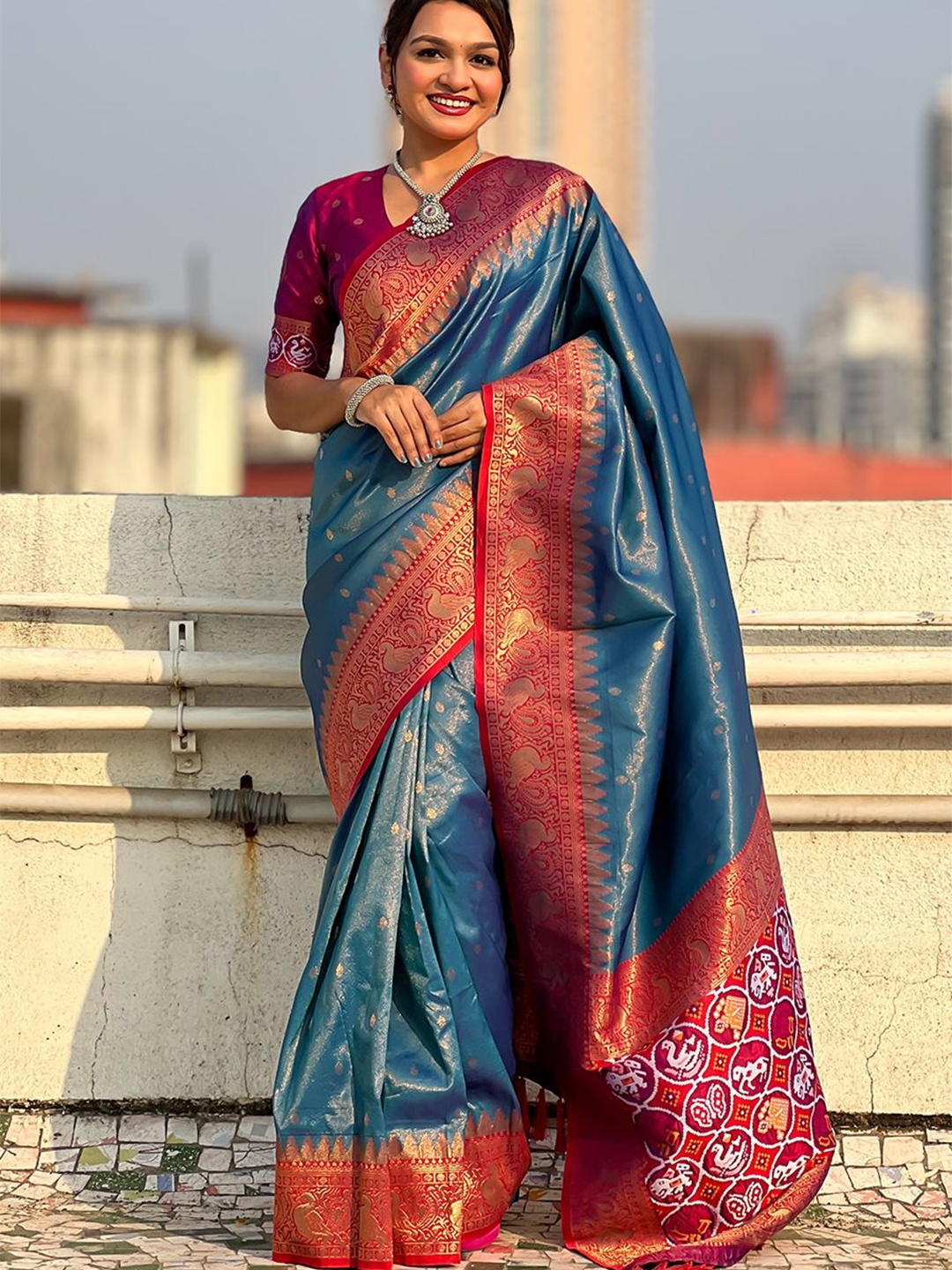 

all about you Woven Design Zari Tissue Kanjeevaram Saree, Blue