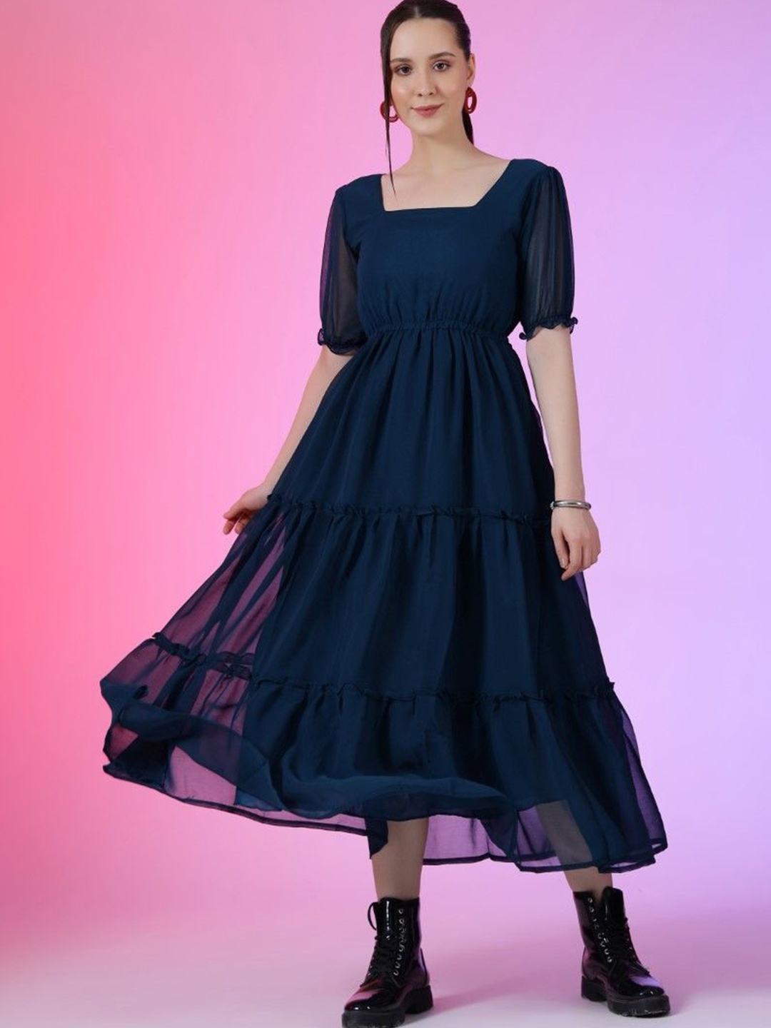 

Jash Creation Puff Sleeve Applique Georgette Fit & Flare Maxi Dress, Blue