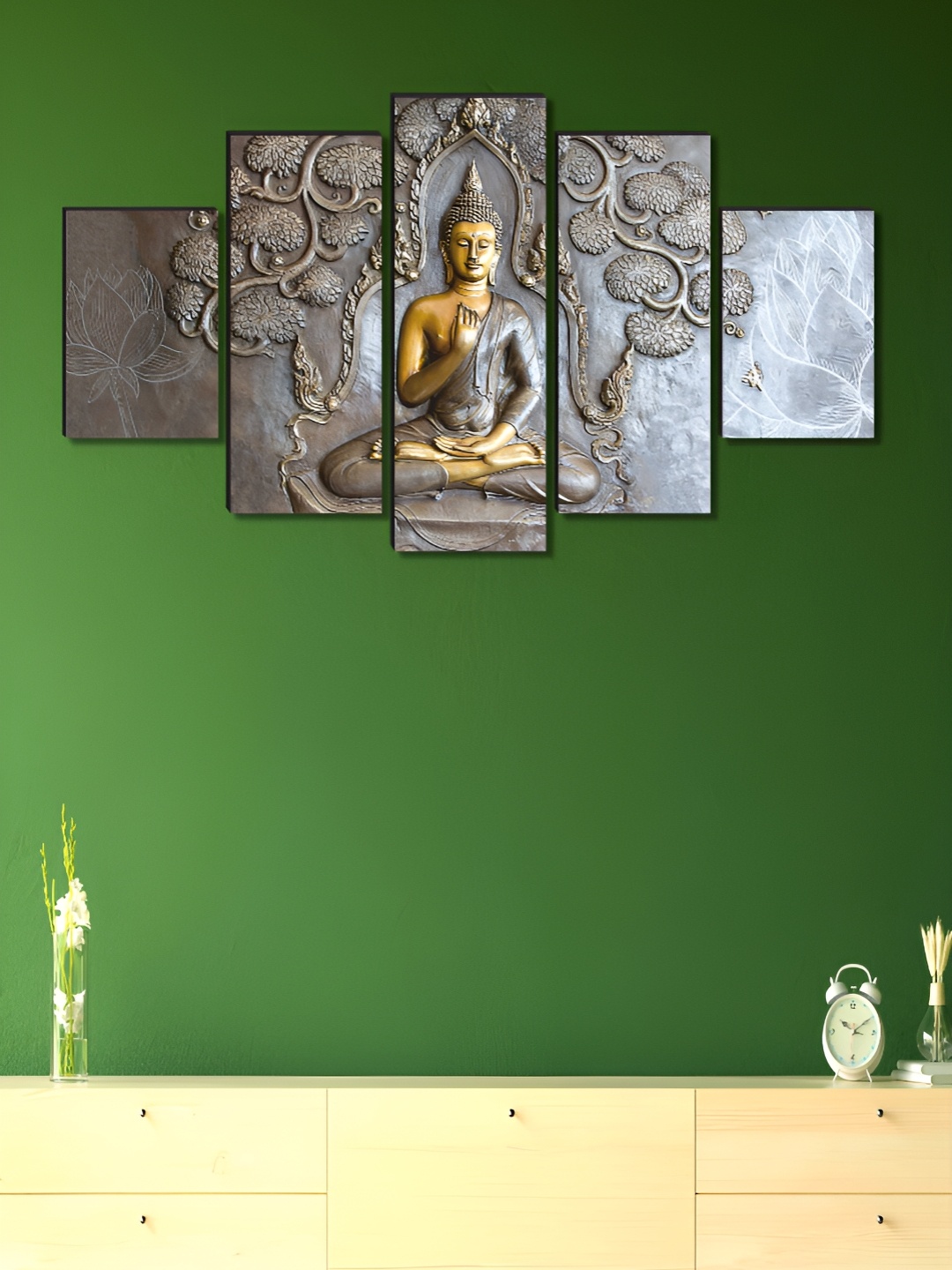 

Myntra Elegant Homes Black & Gold-Toned 5 Piece Canvas Religious Wall Paintings
