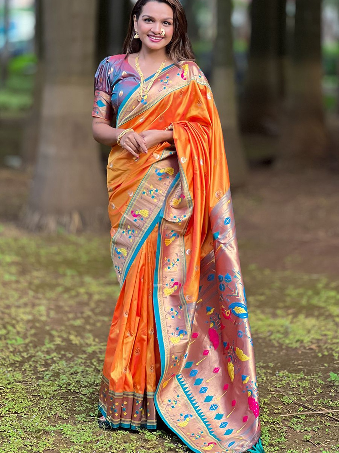 

all about you Woven Design Zari Silk Blend Paithani Saree, Yellow