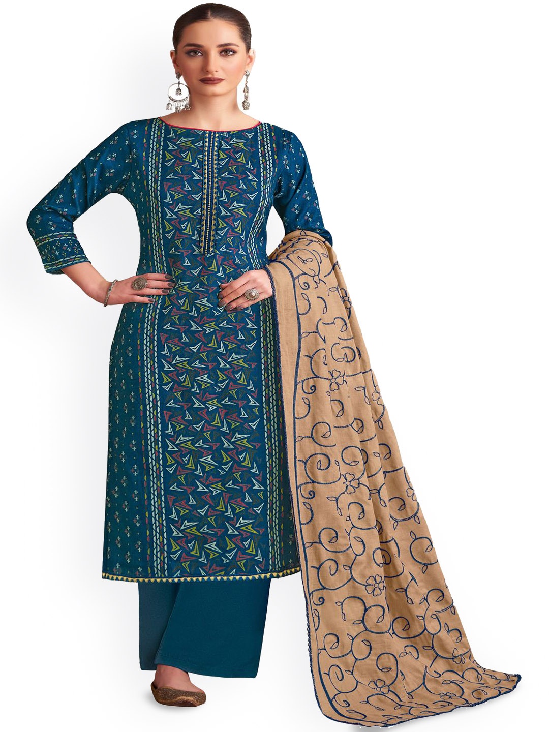 

DRAVINAM Trends Embroidered Viscose Rayon Unstitched Dress Material, Blue