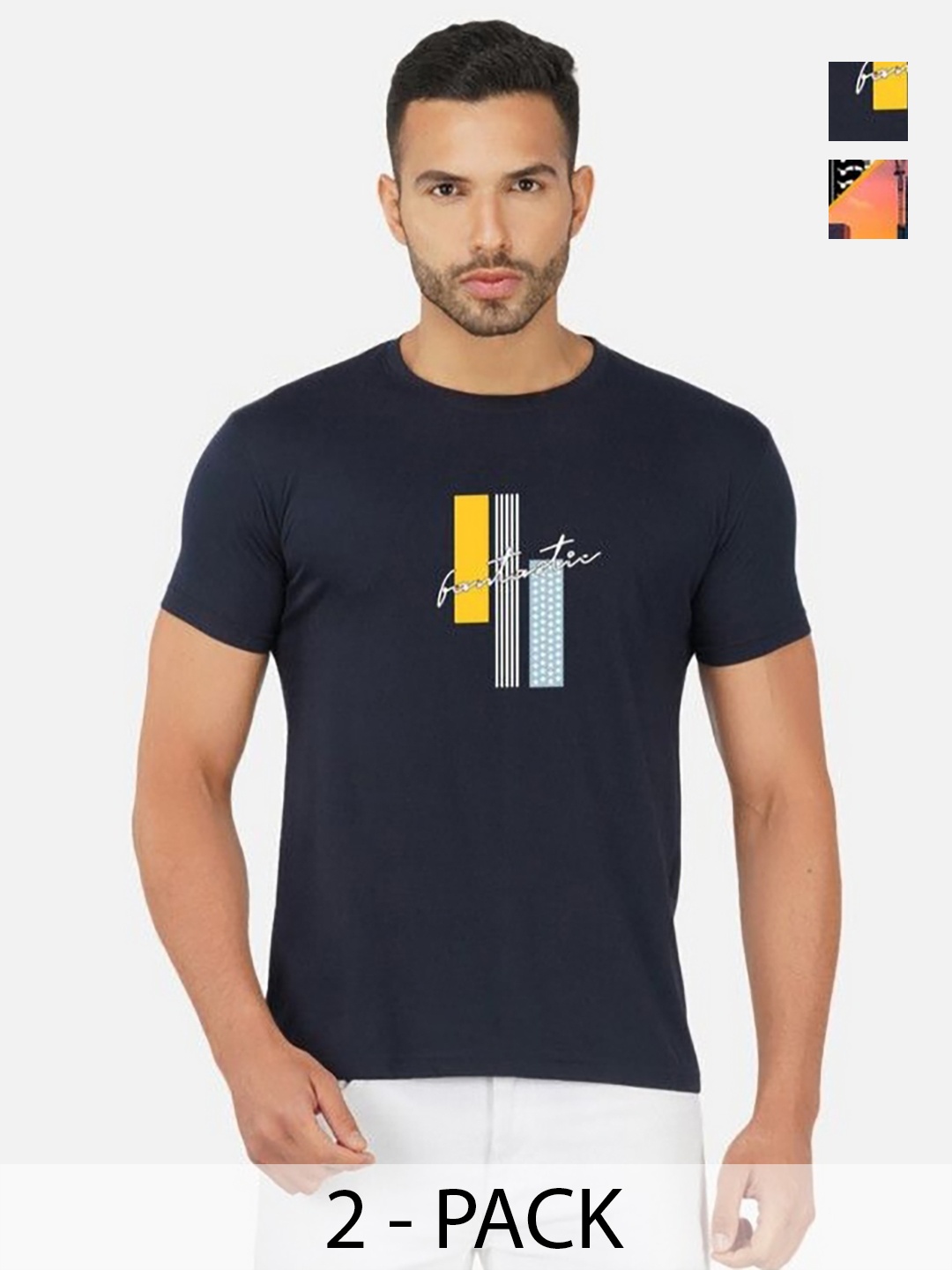 

GLOBAL NOMAD Men 2 Printed Bio Finish Applique T-shirt, Navy blue