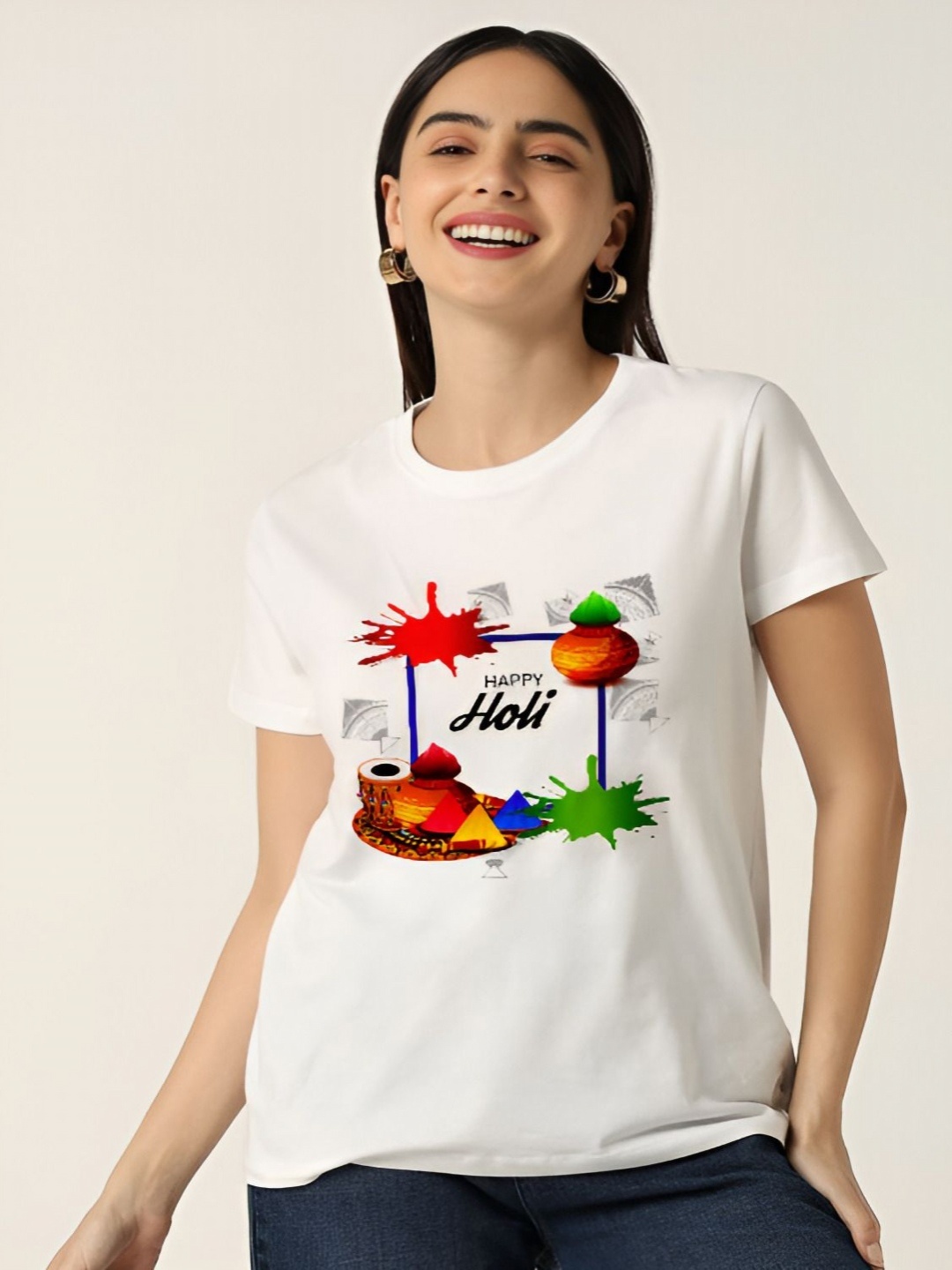 

Shiv traders collection Women Printed Applique T-shirt, White