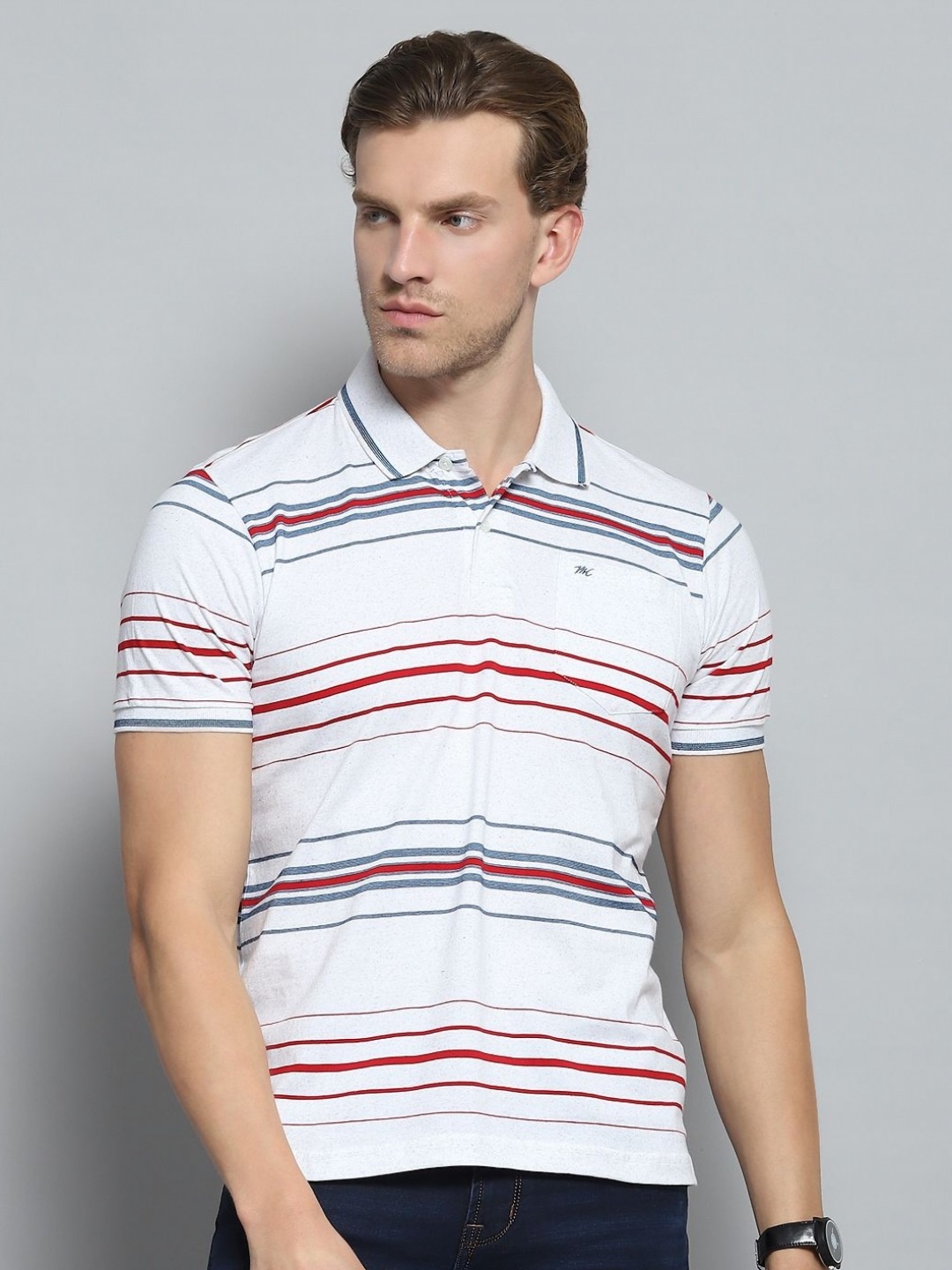 

Monte Carlo Men Striped Polo Collar Pockets T-shirt, White