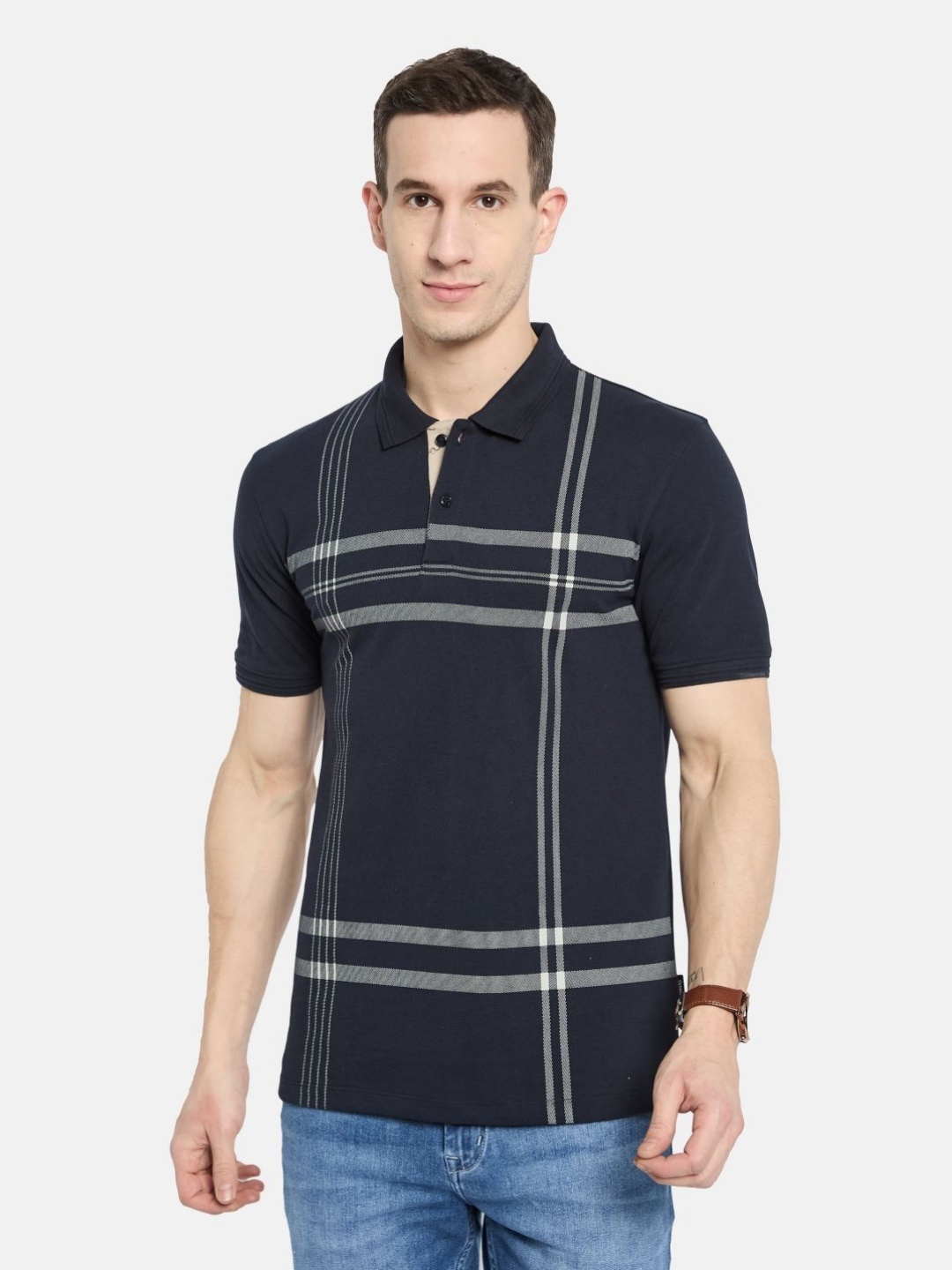 

Octave Men Striped Polo Collar T-shirt, Navy blue
