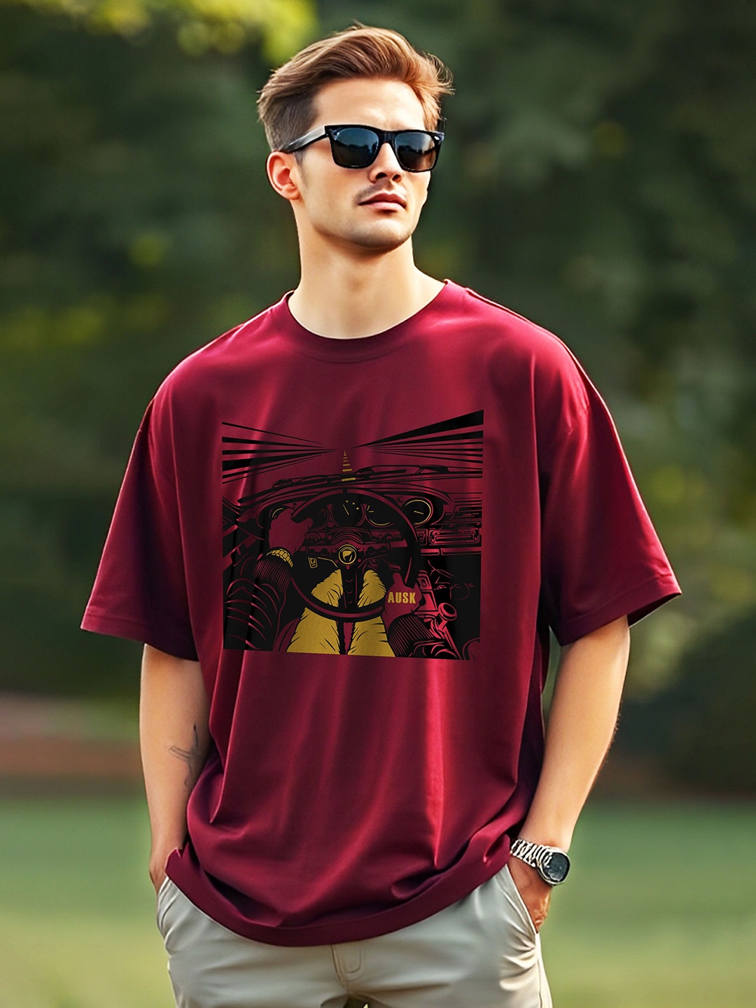 

AUSK Men Printed Applique T-shirt, Maroon