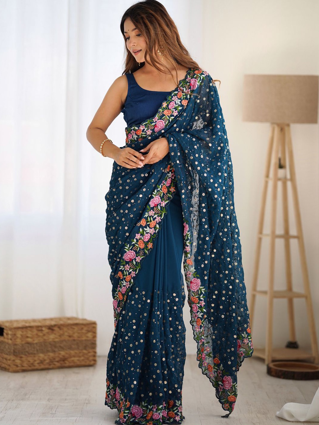 

LeeliPeeri Designer Floral Sequinned Poly Georgette Saree, Teal