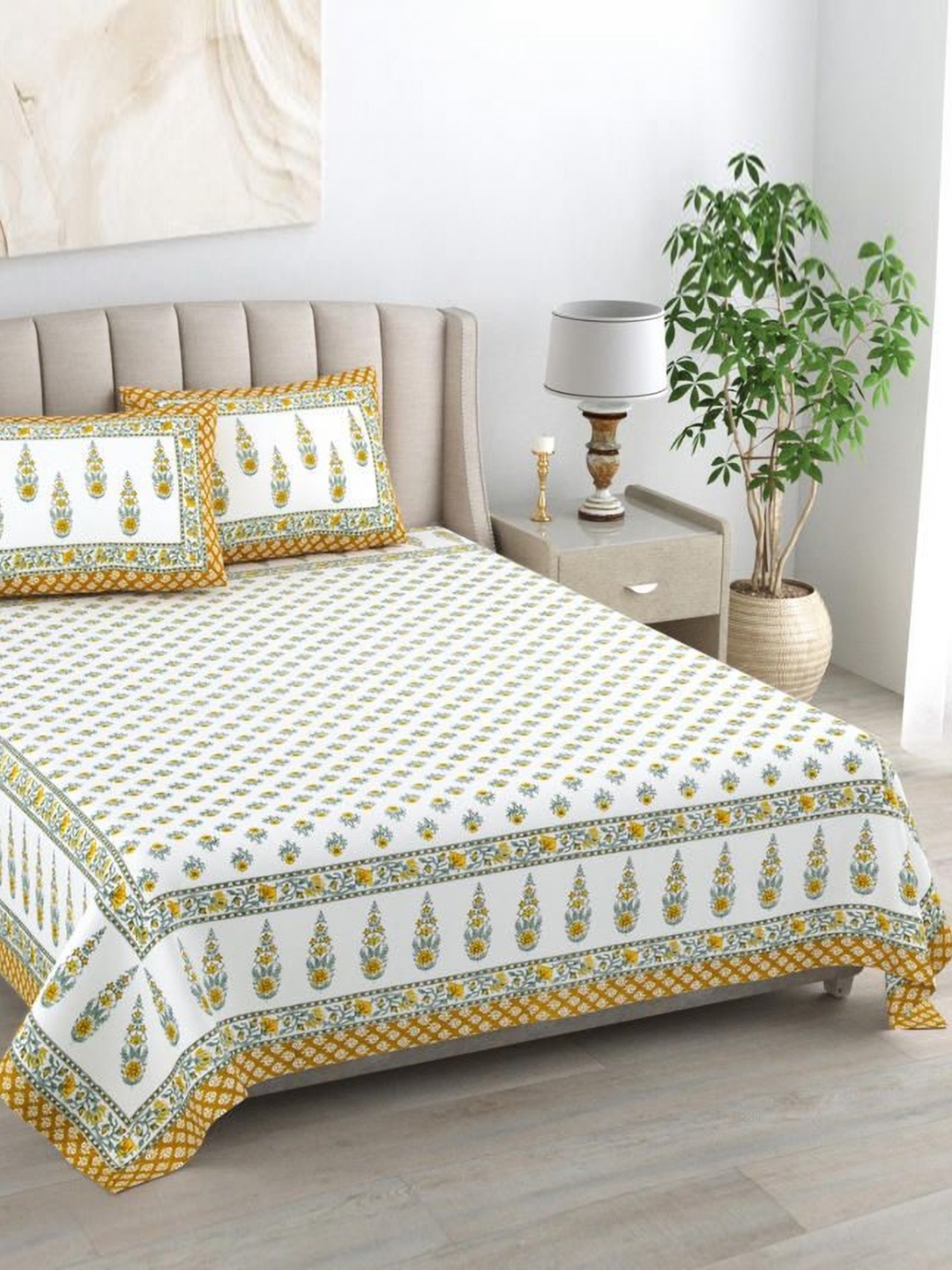 

Urban Jaipur Yellow & Green Floral 220 TC King Bedsheet with 2 Pillow Covers