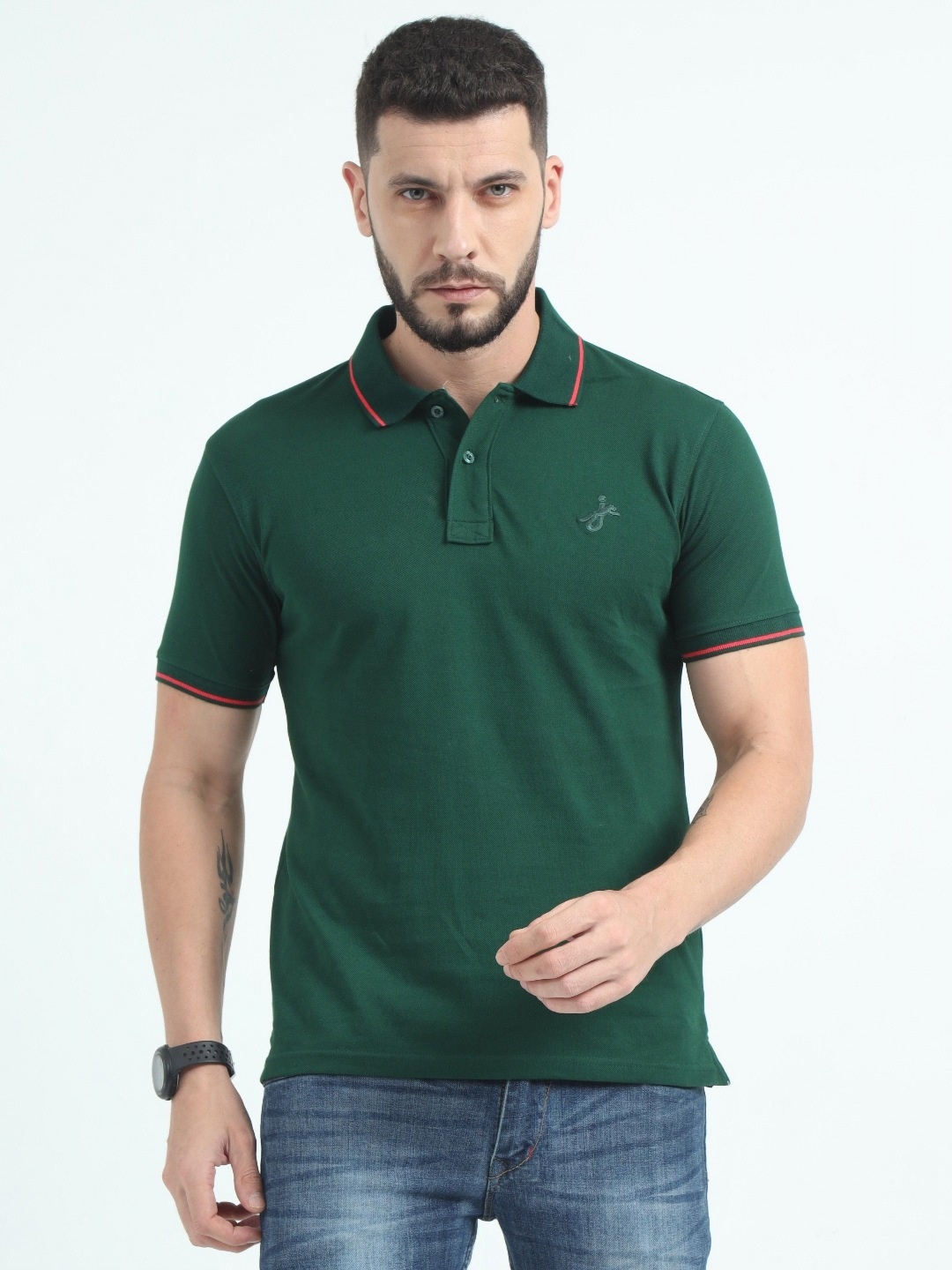 

JAGURO Men Polo Collar Applique T-shirt, Green