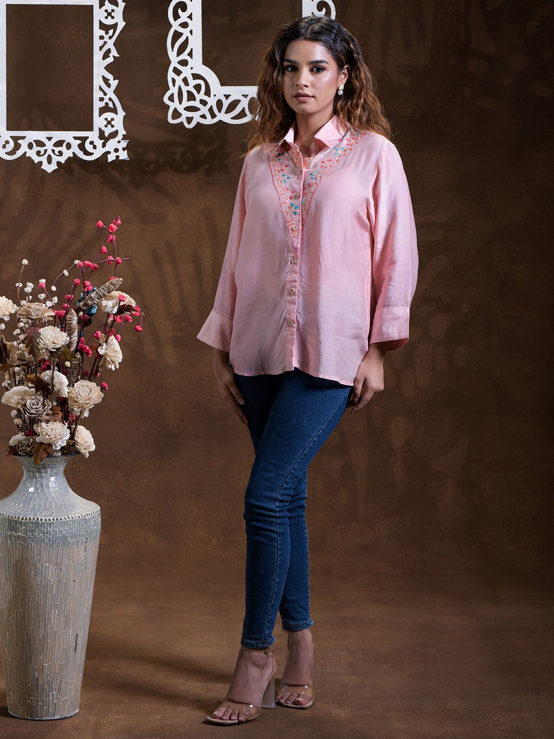 

Phulkari Forever Embroidered Shirt Style Top, Peach