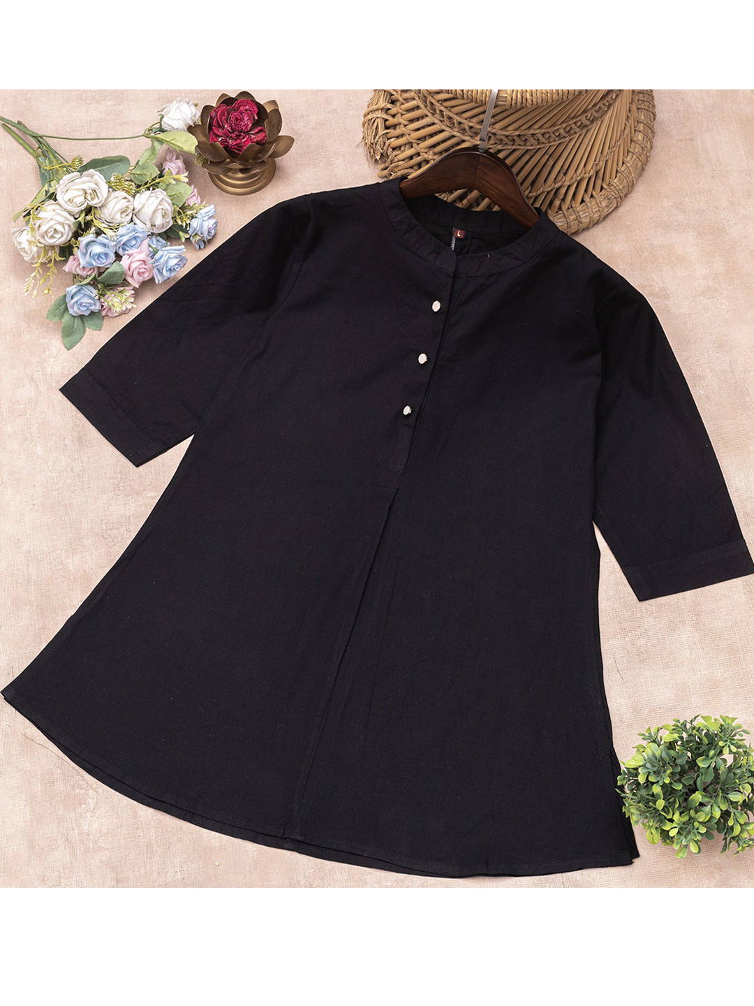 

SWAMI STUDIO Mandarin Collar Indigo Shirt Style Top, Black