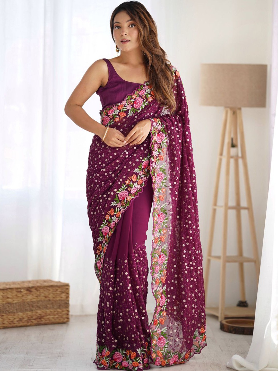 

LeeliPeeri Designer Embellished Sequinned Poly Georgette Saree, Purple