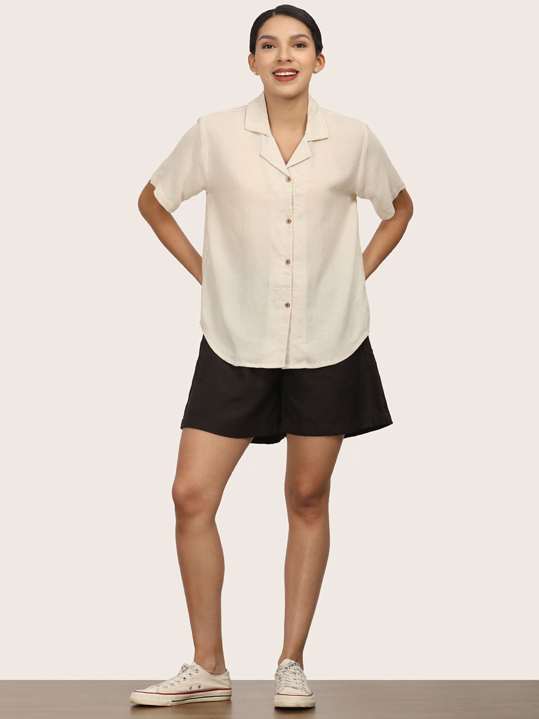 

Saltpetre Women Beige Cuban Collar Shirt With Coffee Short Co-Ord Set