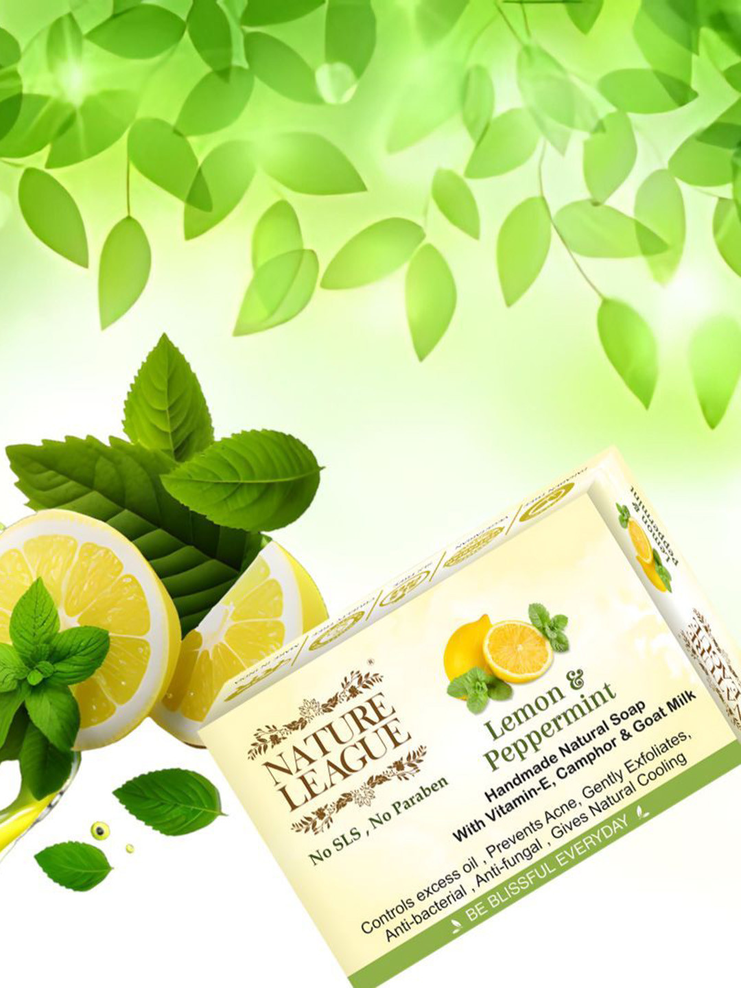 

NATURE LEAGUE Set Of 3 Lemon & Peppermint Natural Soap With Vitamin -E -100g Each, Yellow