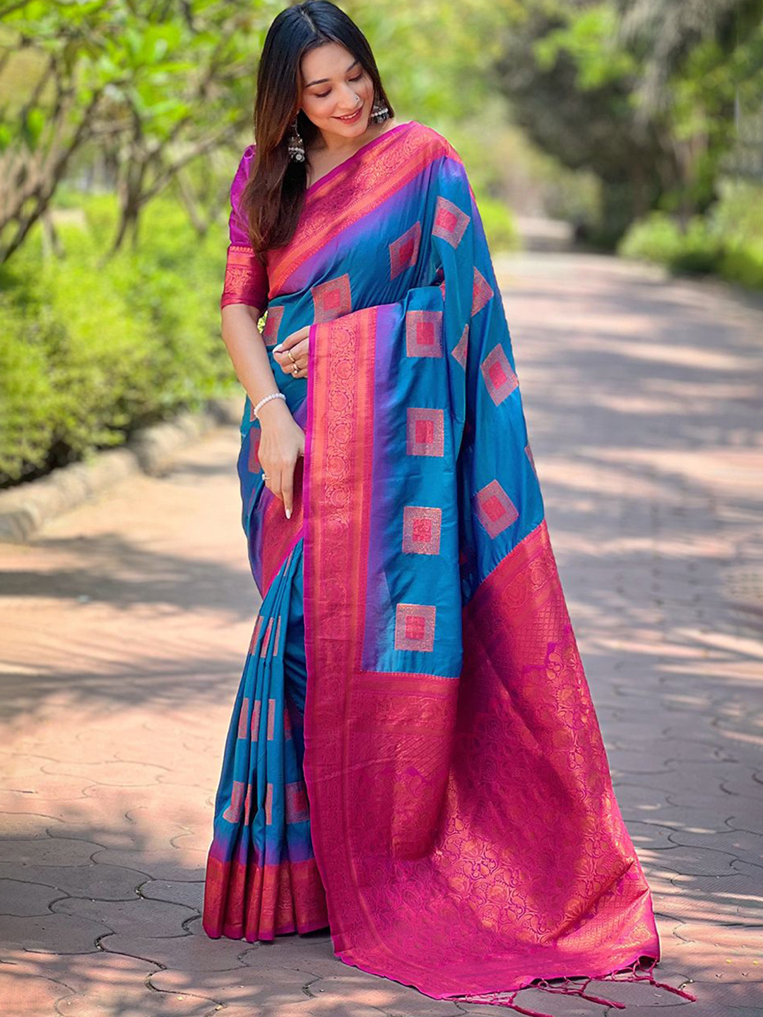 

all about you Woven Design Zari Silk Blend Banarasi Saree, Blue