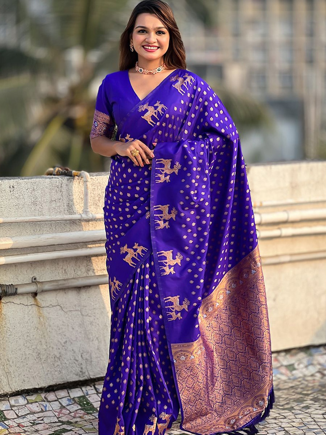 

all about you Woven Design Zari Silk Blend Banarasi Saree, Violet