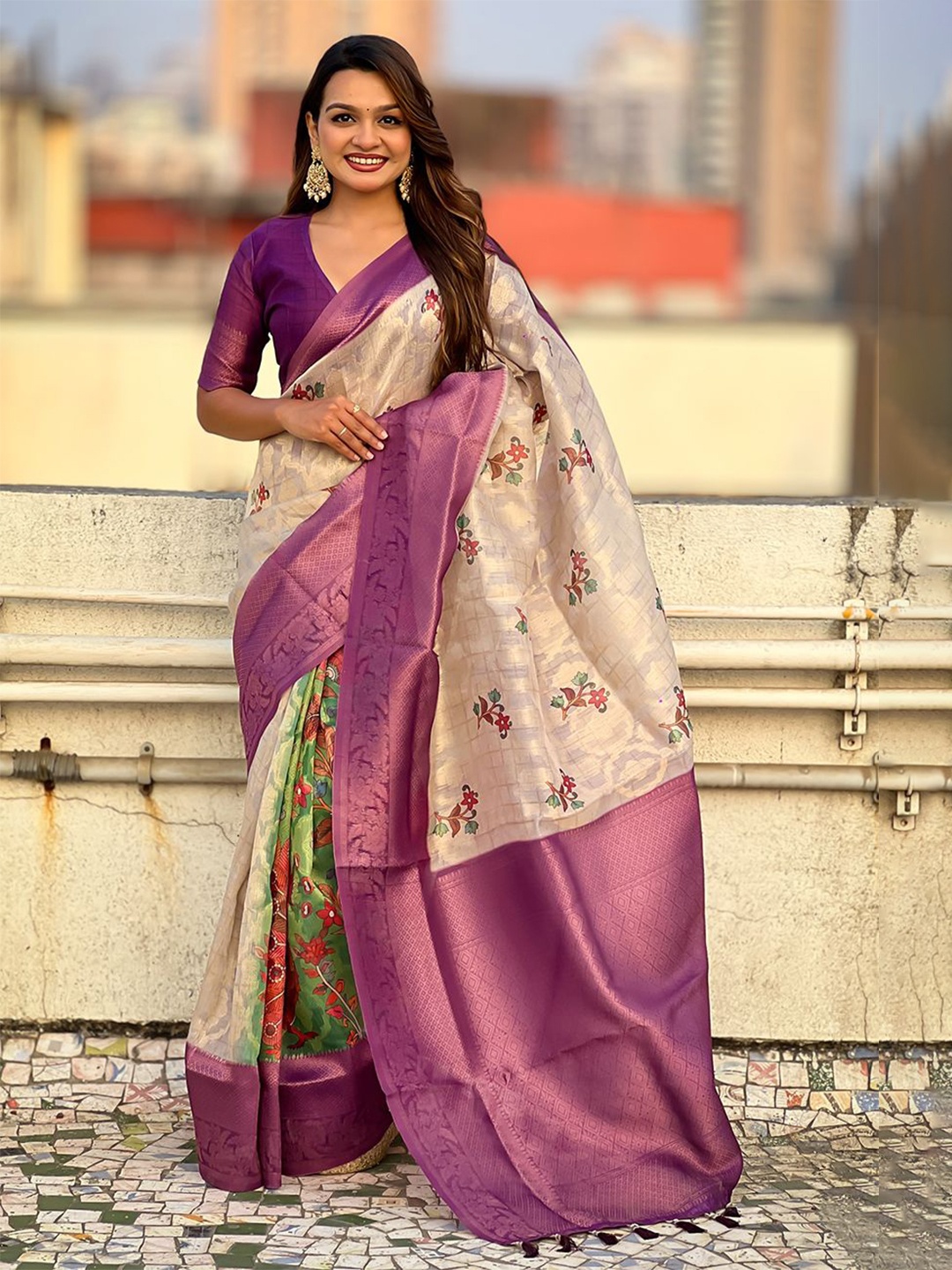 

all about you Kalamkari Zari Silk Cotton Bomkai silk Saree, Purple
