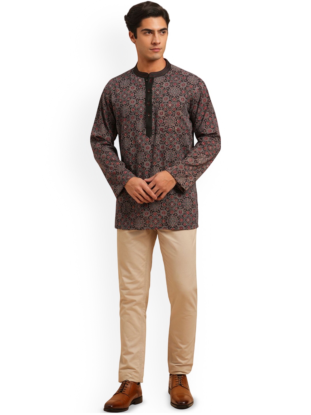 

Arch element Men Geometric Printed Flared Sleeves Thread Work Kurta, Black