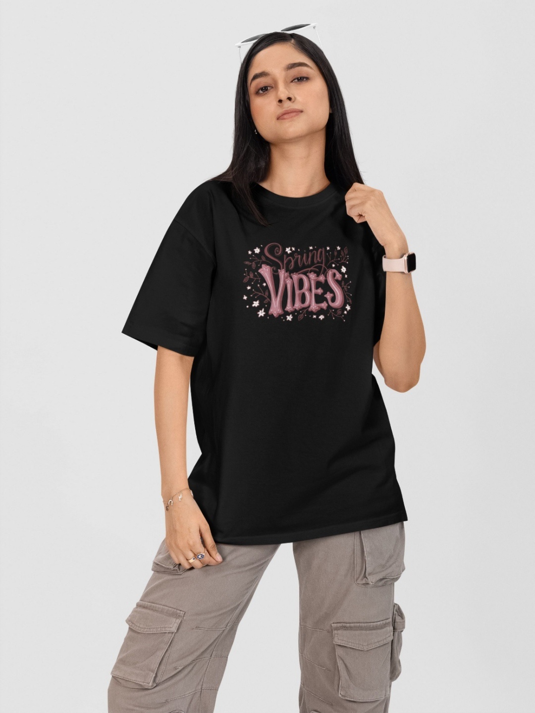

Moda Rapido Women Printed Drop-Shoulder Sleeves Applique T-shirt, Black