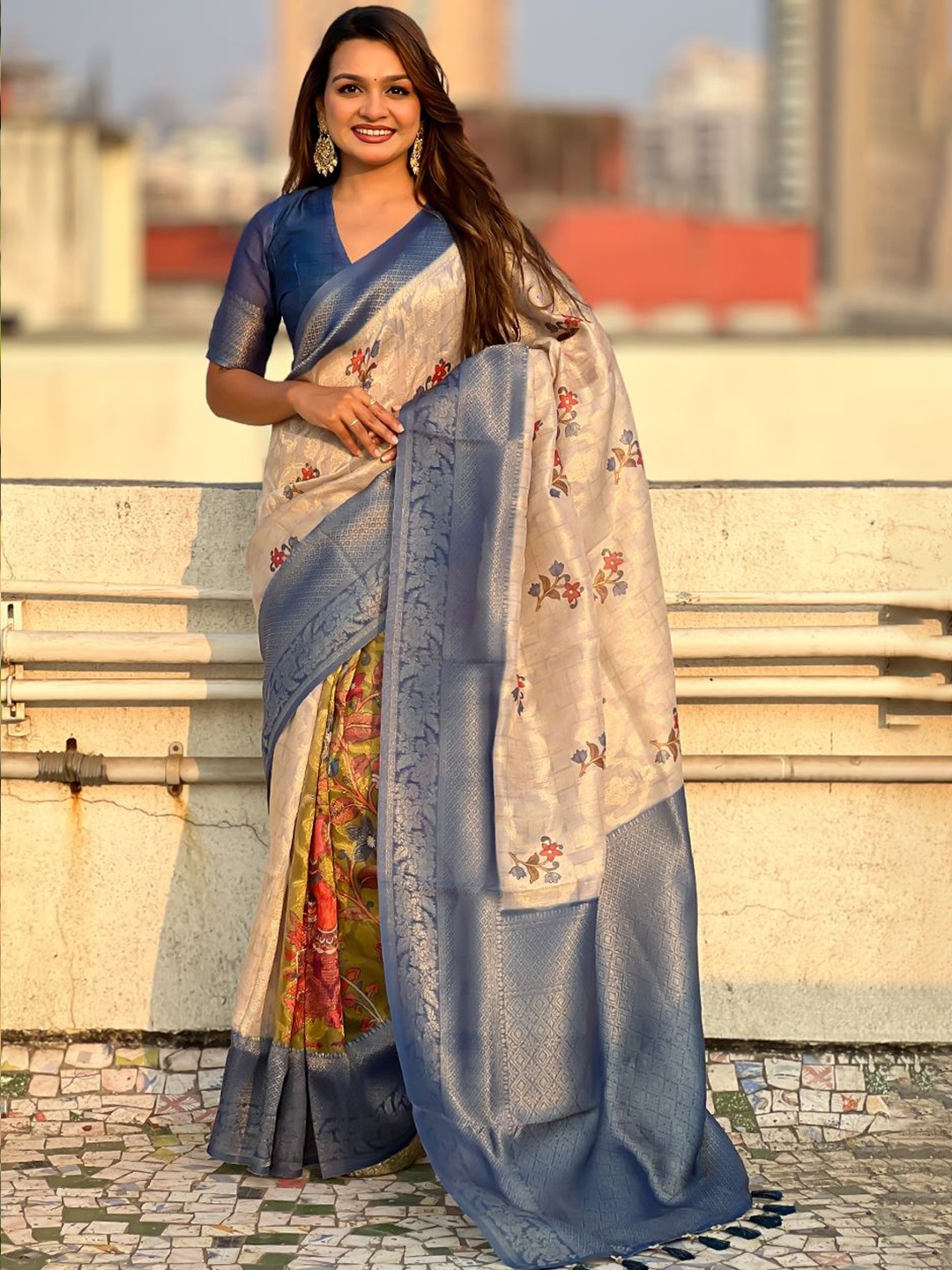 

all about you Kalamkari Zari Silk Cotton Bomkai silk Saree, Blue