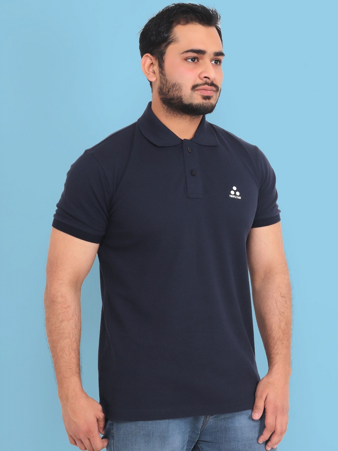 

Triple Dot Men Polo Collar Bio Finish Applique T-shirt, Navy blue