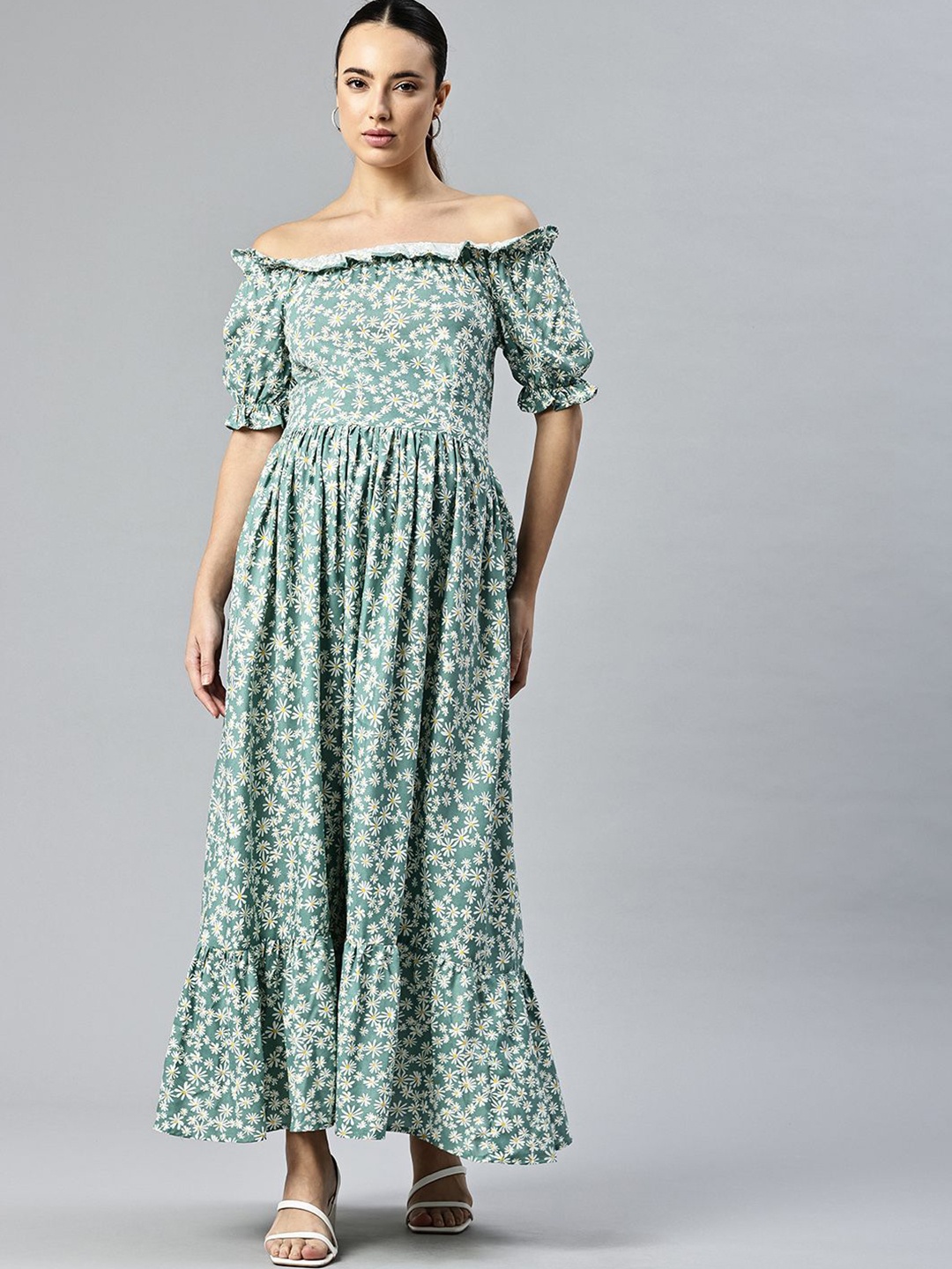 

Swishchick Floral Print Off-Shoulder Puff Sleeve Fit & Flare Maxi Dress, Green