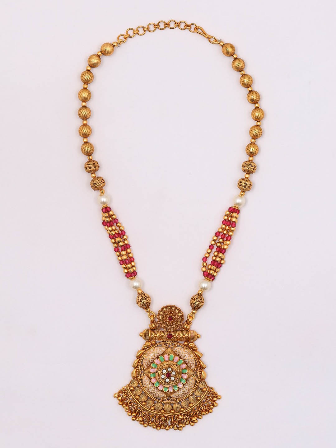 

Exotic India Floral Design Necklace & Earrings Set With Beads, Gold