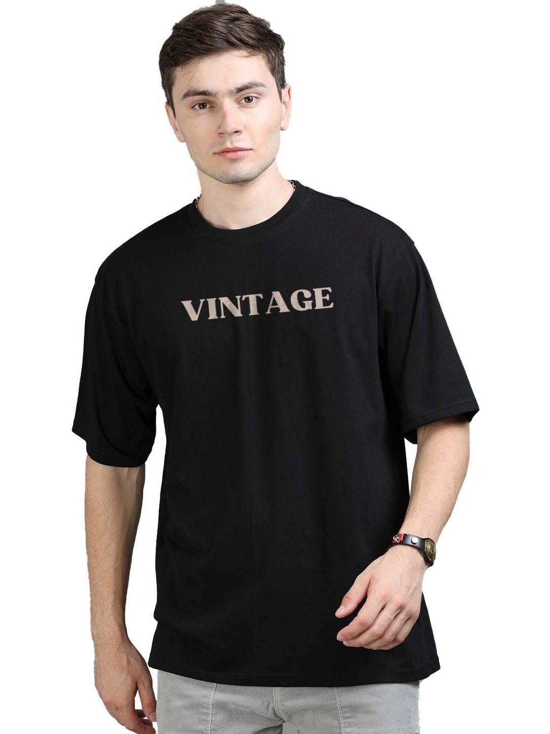 

Organic Chics Men Printed Drop-Shoulder Sleeves Pure Cotton Anti Odour T-shirt, Black