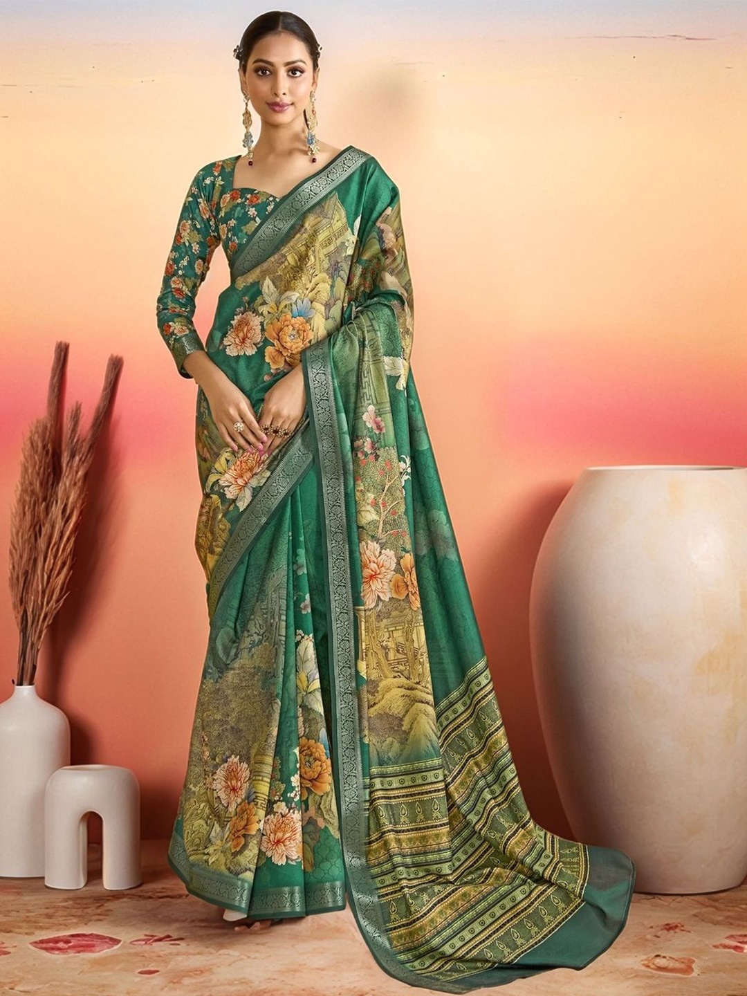 

Sangria Tussar Silk Floral Printed Saree With Blouse Piece, Teal