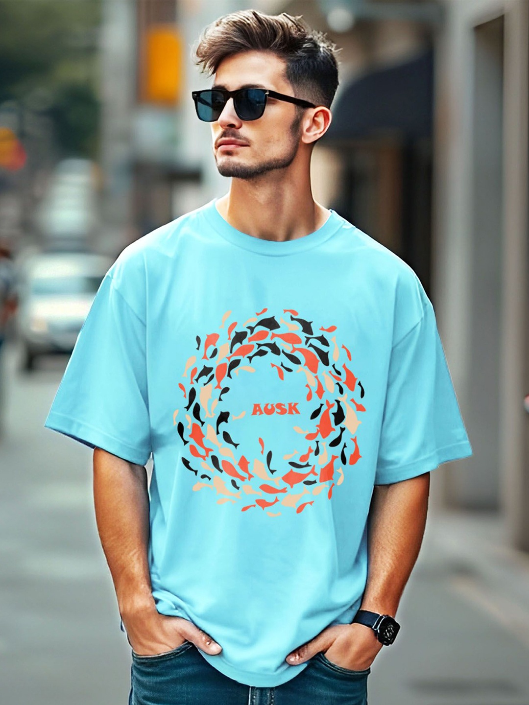 

AUSK Men Printed Drop-Shoulder Sleeves Raw Edge T-shirt, Blue
