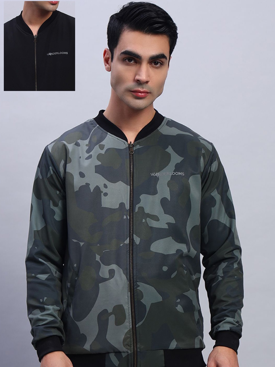

WANDERLOOMS Stand Collar Camouflage Printed Reversible Bomber Jacket, Grey