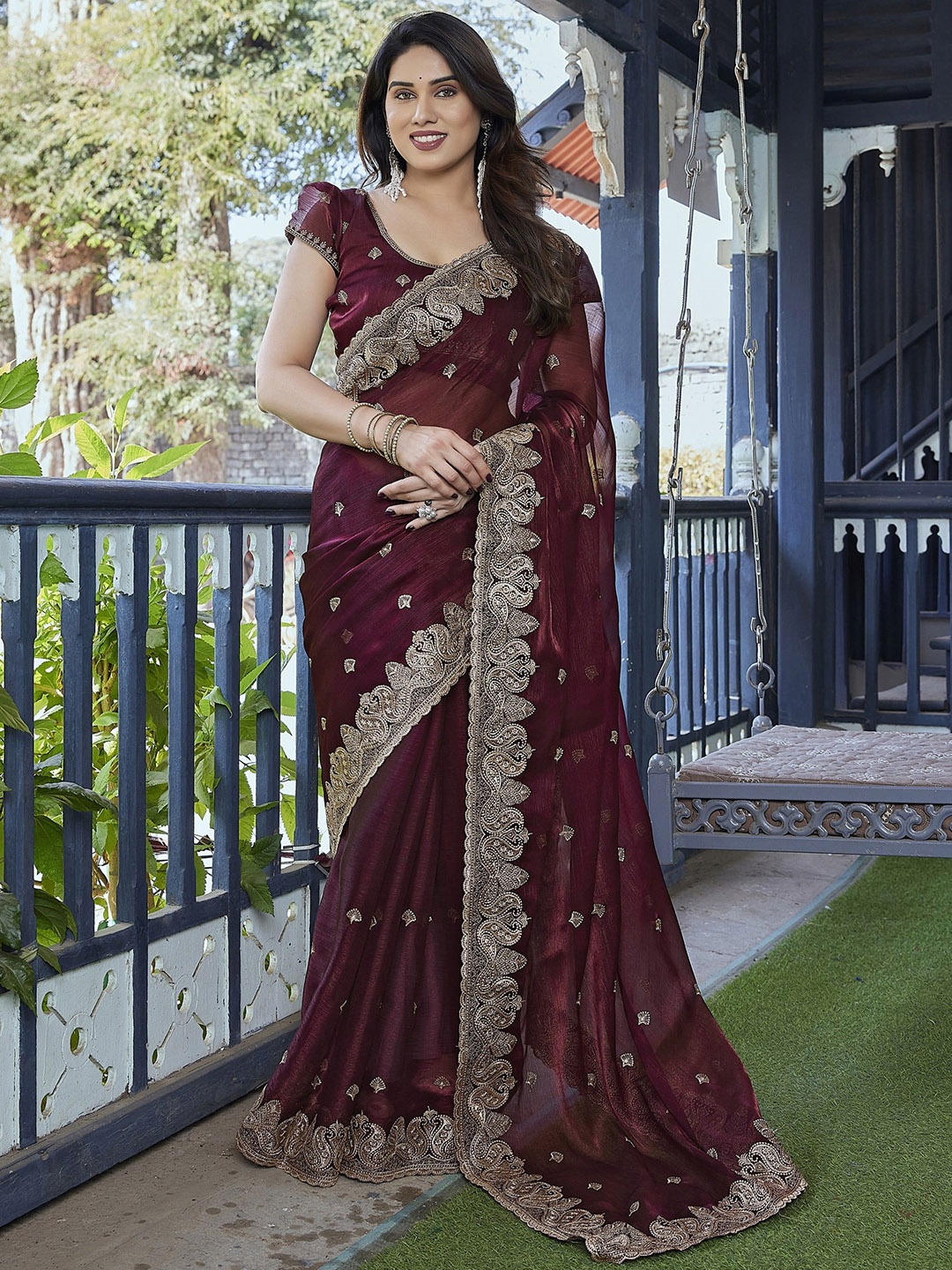 

Moda Rapido Embellished Embroidered Organza Saree, Brown