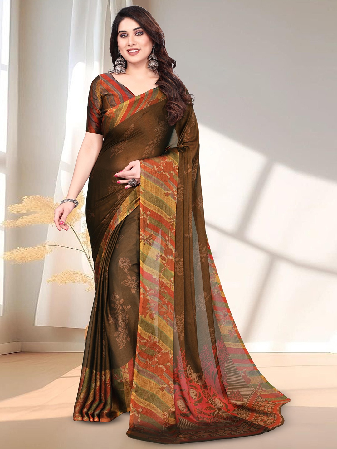 

SUPERLAXMI Pure Chiffon Saree, Brown