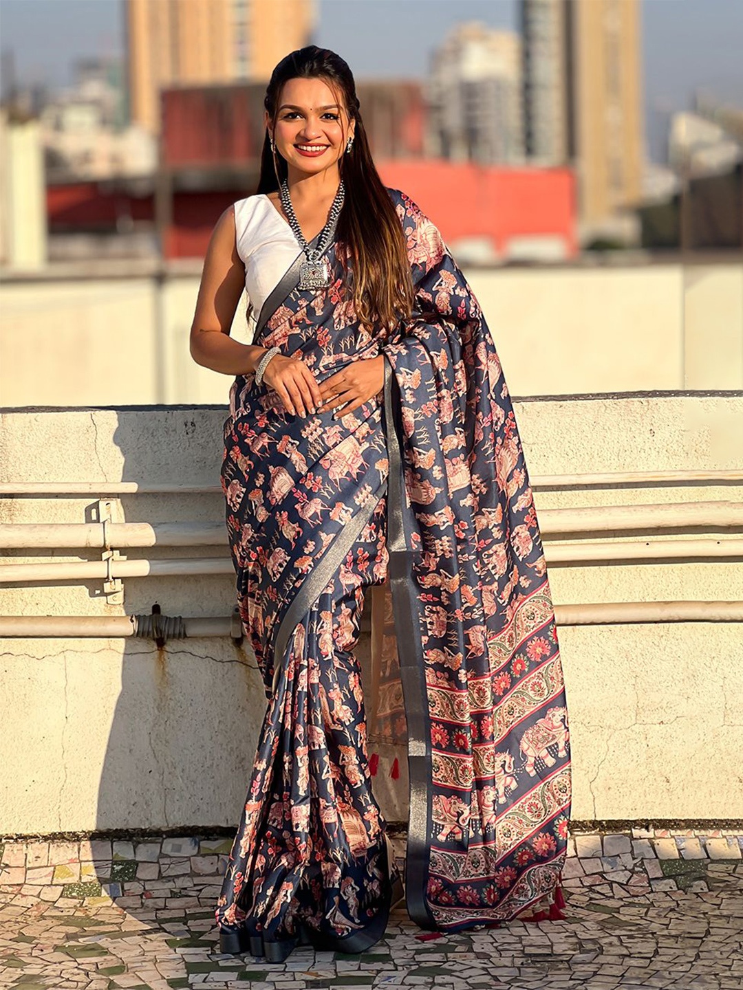 

all about you Ethnic Motifs Tussar Saree, Navy blue