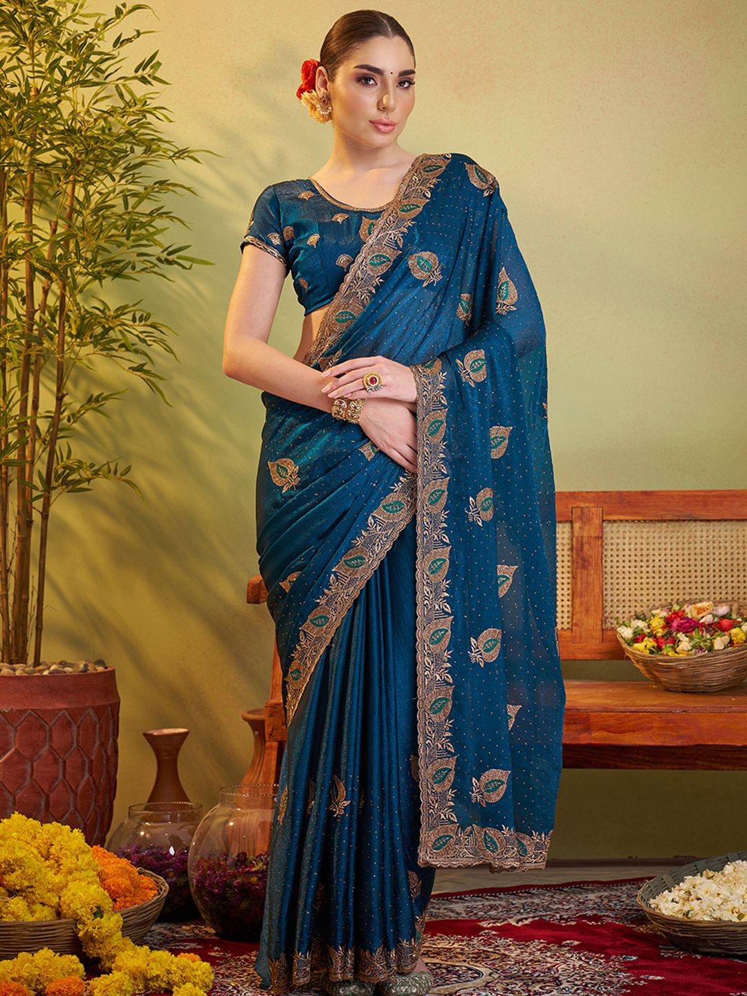 

Kalista Ethnic Motifs Embroidered Satin Saree, Teal