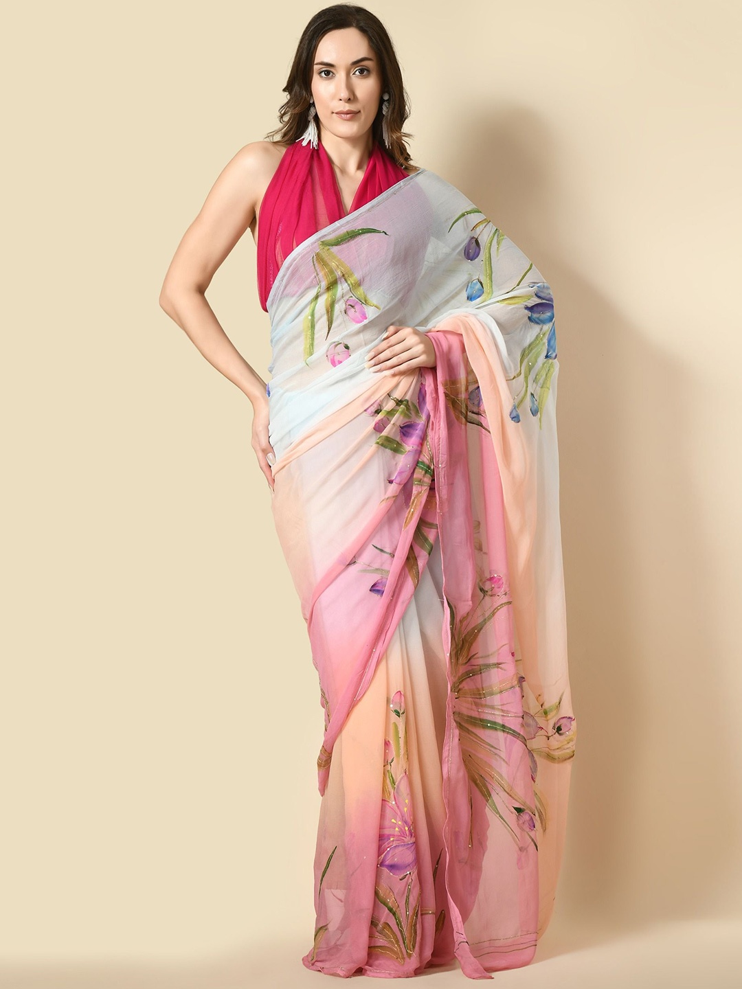 

House of Chiffon Floral Sequinned Poly Chiffon Saree, White