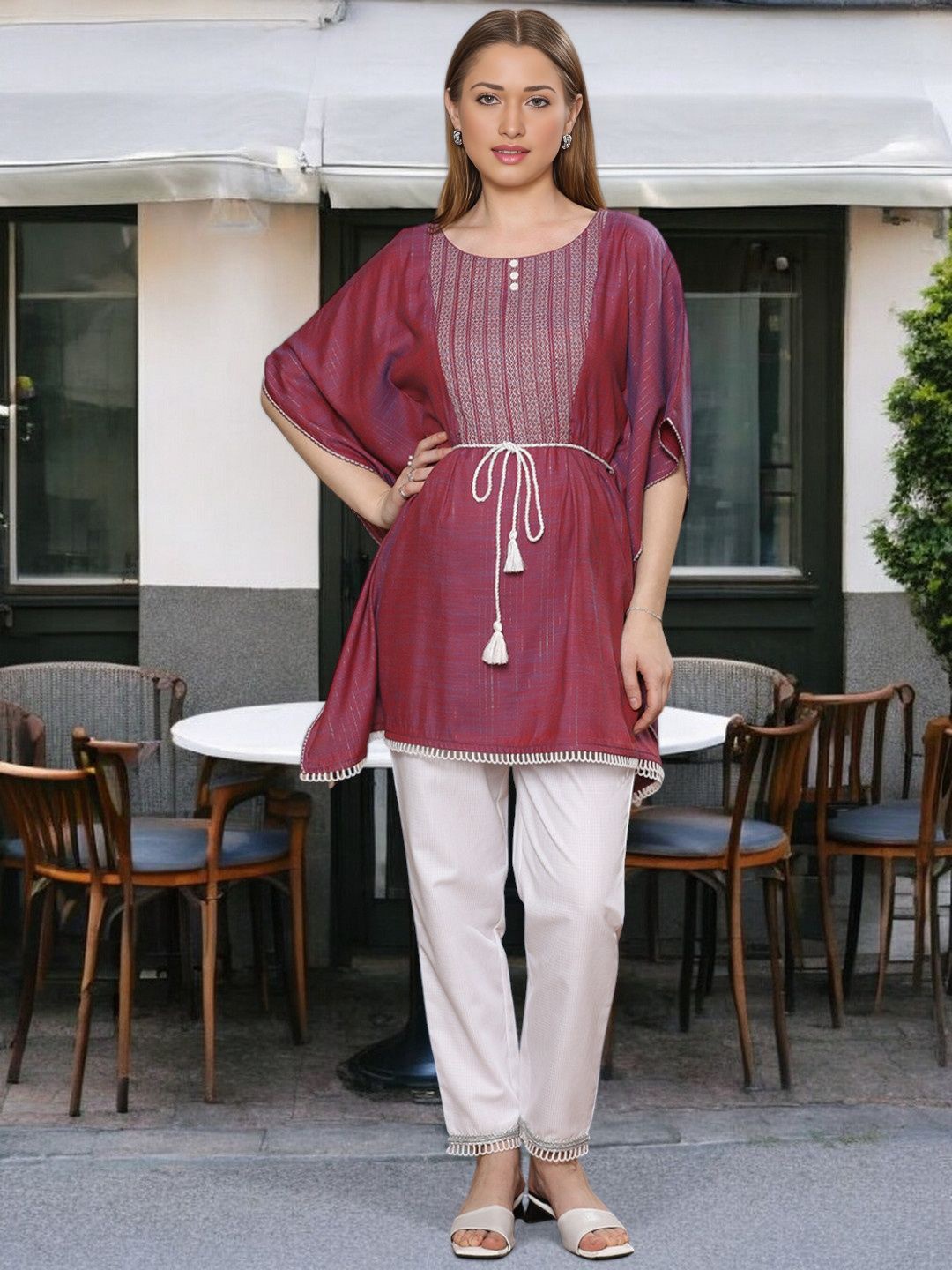 

DUMMY SHAPE Women Embroidered Regular Thread Work Kurta with Trousers, Purple
