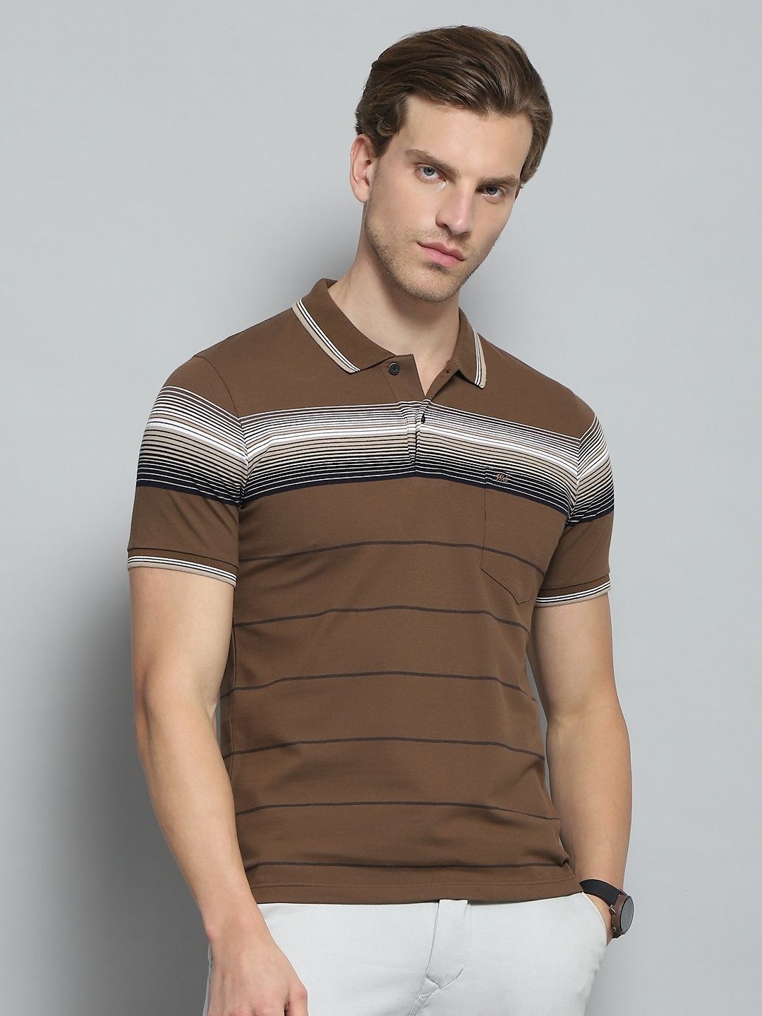 

Monte Carlo Men Striped Polo Collar Pockets T-shirt, Brown