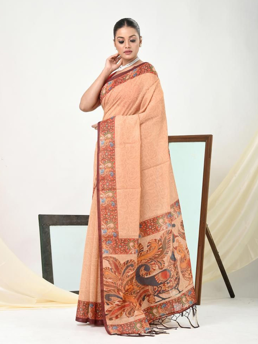 

VIBHAVARI Ethnic Motifs Silk Cotton Saree, Brown